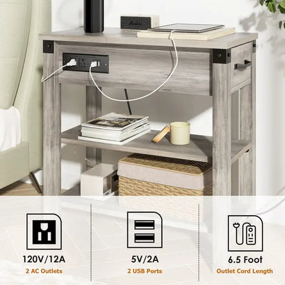 Farmhouse Narrow Side Table with Charging Station Drawer and Storage