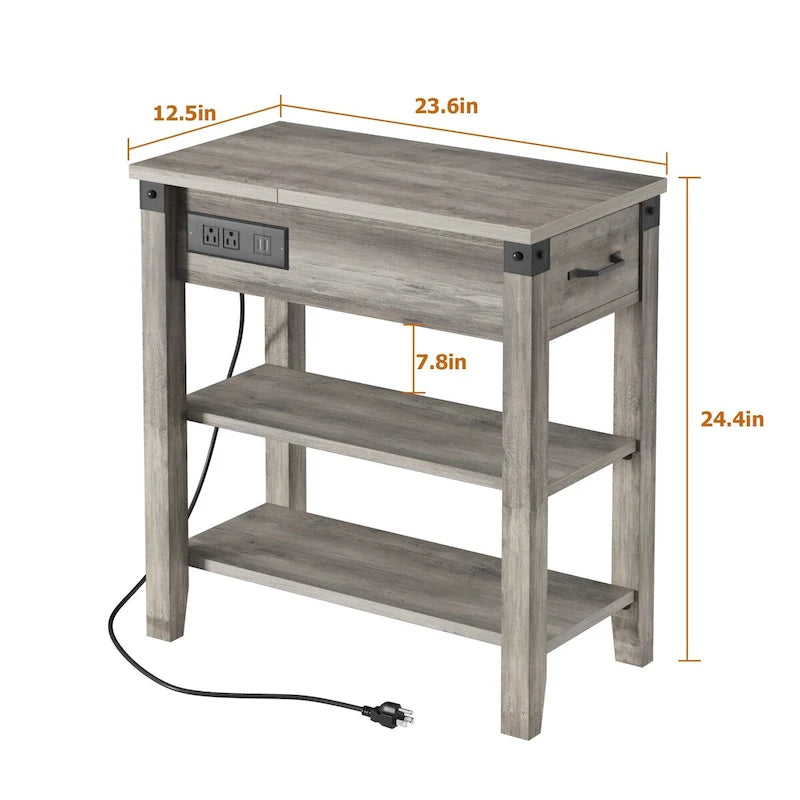 Farmhouse Narrow Side Table with Charging Station Drawer and Storage