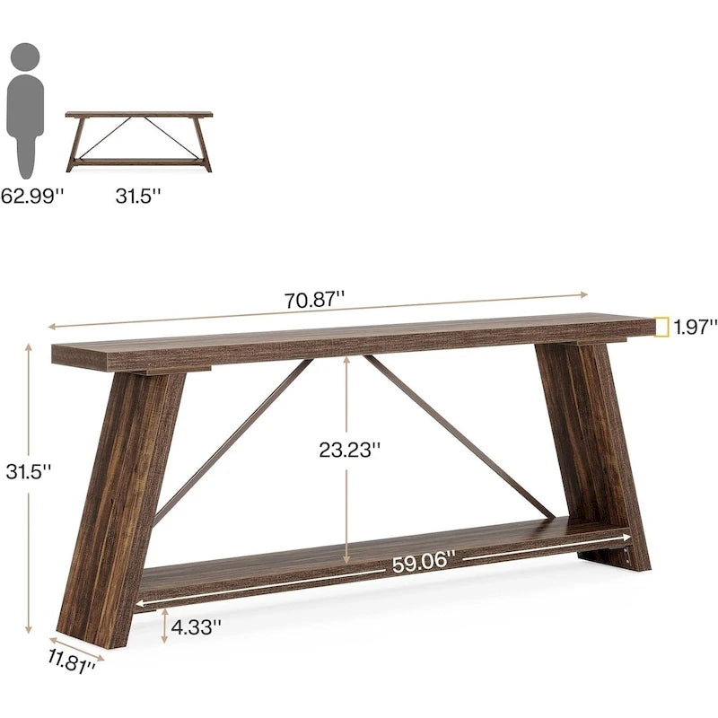70.9 Inches Long Rustic Wood Console Sofa Table with Storage Shelf