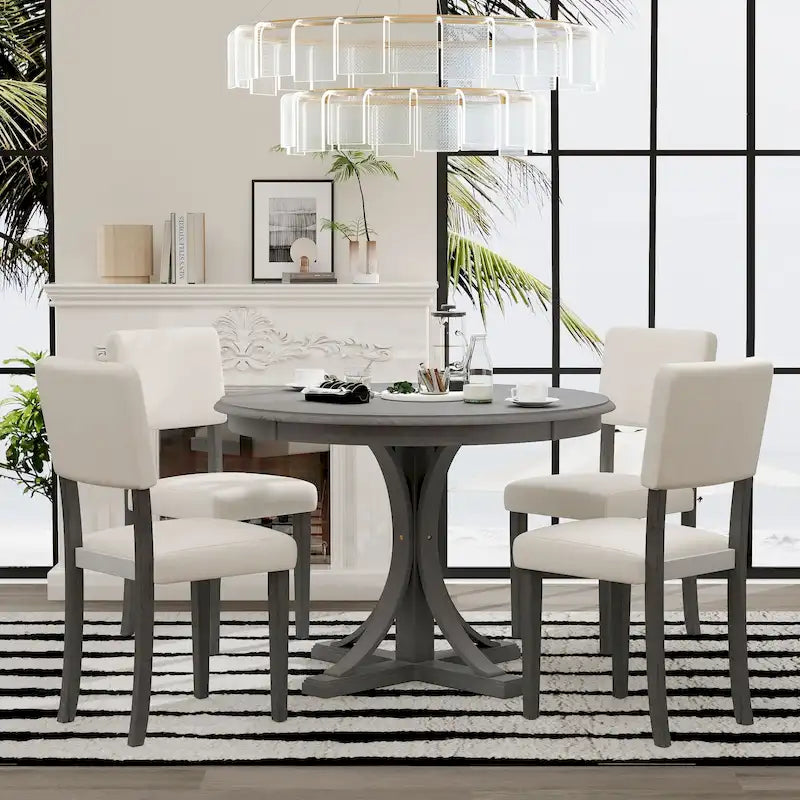 5-Piece Round Dining Table Set with Curved Trestle Style Table Legs and 4 Chairs