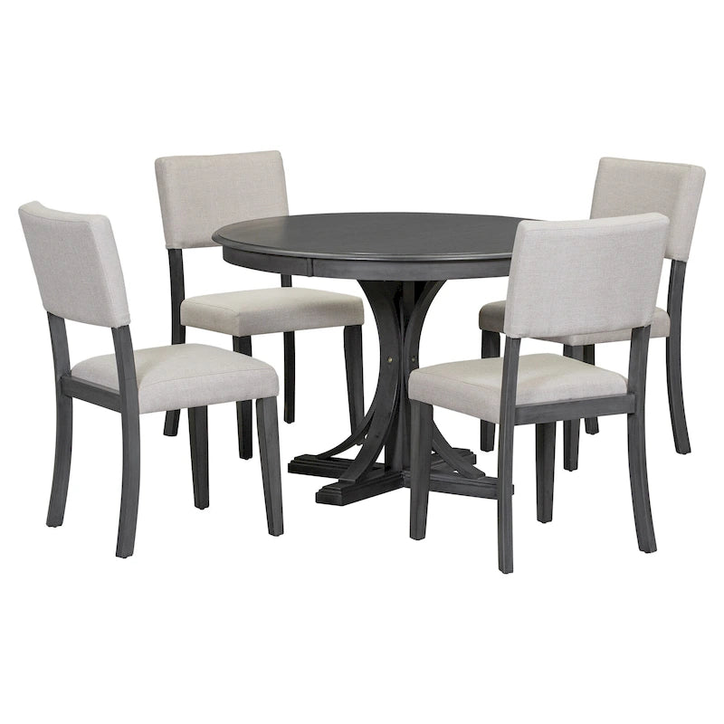 5-Piece Round Dining Table Set with Curved Trestle Style Table Legs and 4 Chairs