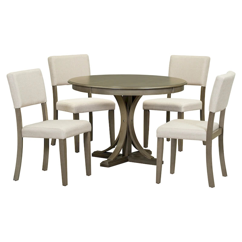 5-Piece Round Dining Table Set with Curved Trestle Style Table Legs and 4 Chairs