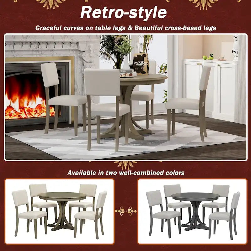 5-Piece Round Dining Table Set with Curved Trestle Style Table Legs and 4 Chairs