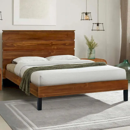 Queen Size Solid Wood Platform Bed with Six-Piece Headboard