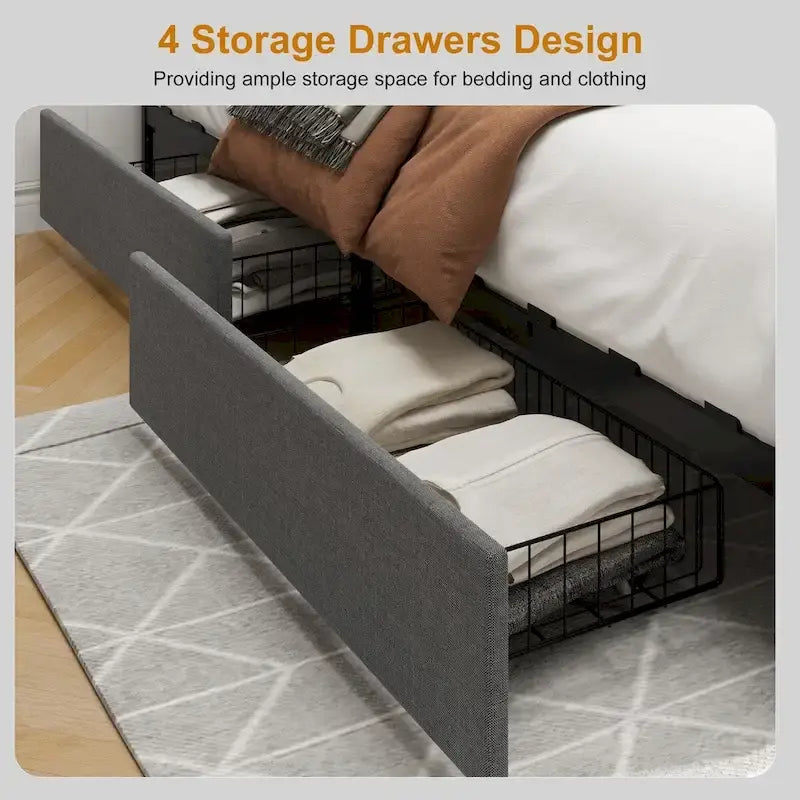 Platform Bed Frame, with 4 Storage Drawers