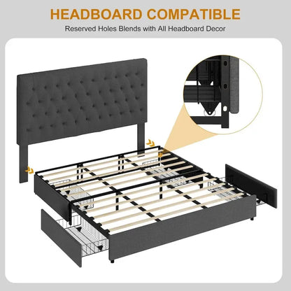 Platform Bed Frame, with 4 Storage Drawers