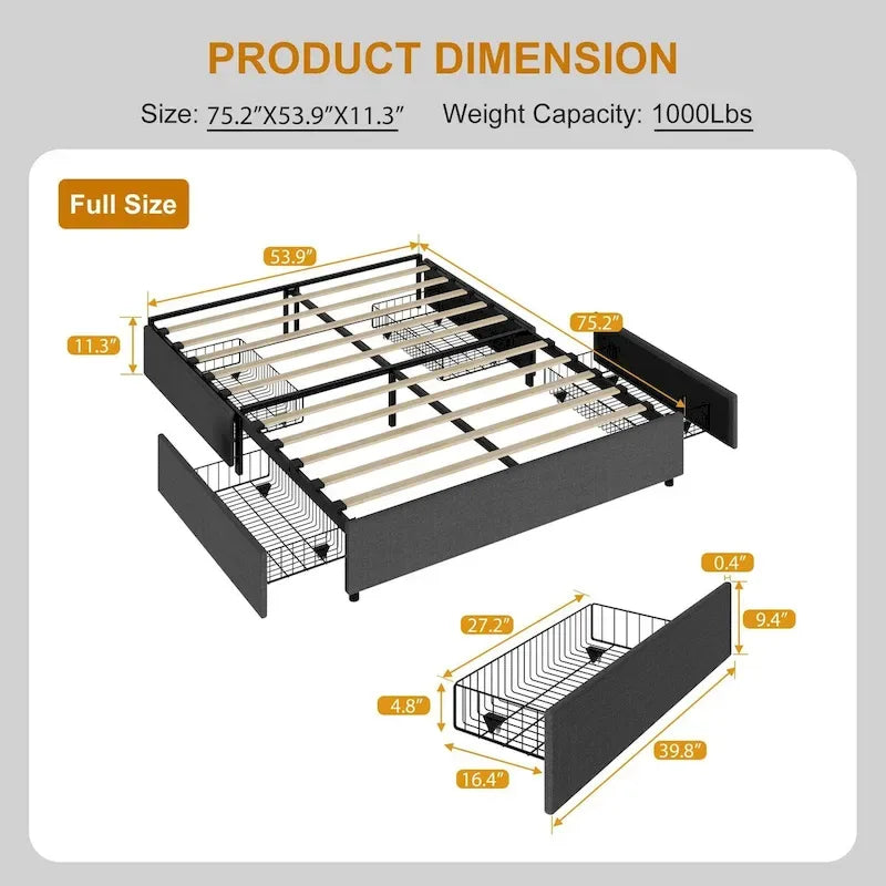 Platform Bed Frame, with 4 Storage Drawers