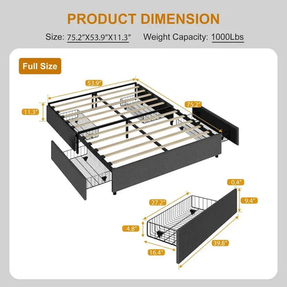 Platform Bed Frame, with 4 Storage Drawers