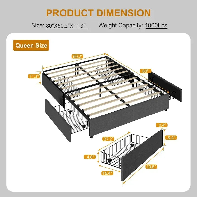 Platform Bed Frame, with 4 Storage Drawers