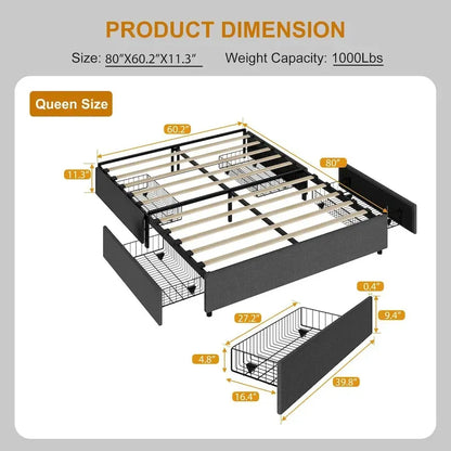 Platform Bed Frame, with 4 Storage Drawers