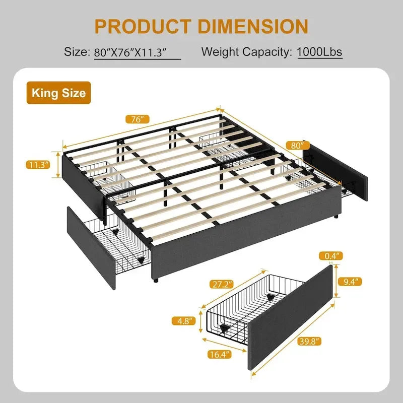 Platform Bed Frame, with 4 Storage Drawers