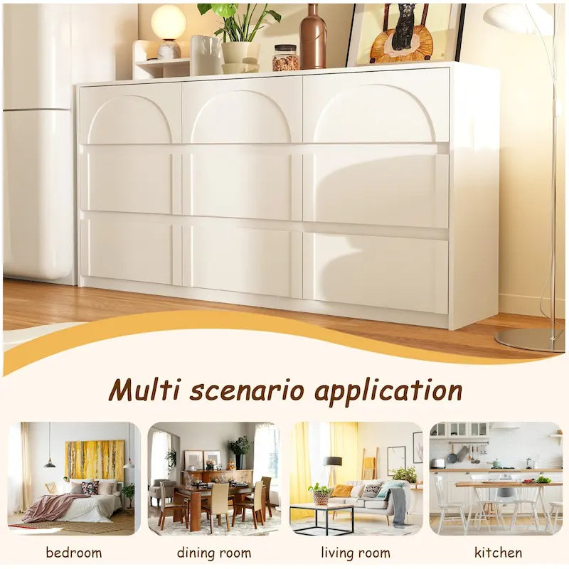 White Storage Dresser with 6 Drawers for Bedroom Dining, and Kitchen