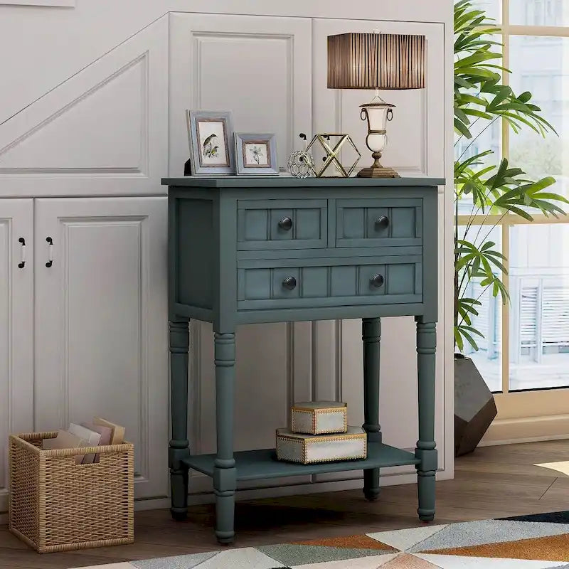 23.7 Farmhouse Solid Wood Console Table with 3 Drawers and Bottom Shelf