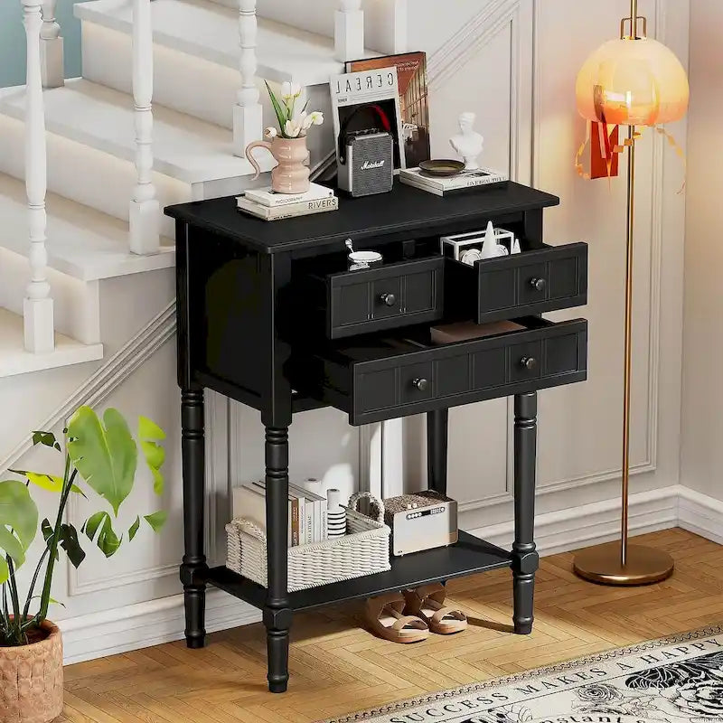 23.7 Farmhouse Solid Wood Console Table with 3 Drawers and Bottom Shelf