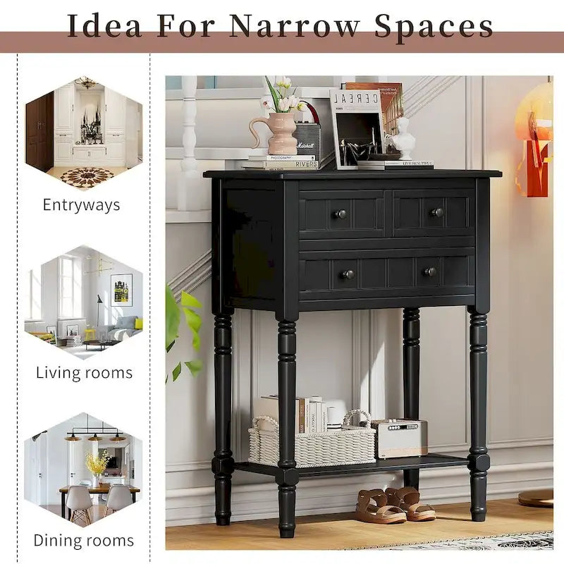 23.7 Farmhouse Solid Wood Console Table with 3 Drawers and Bottom Shelf