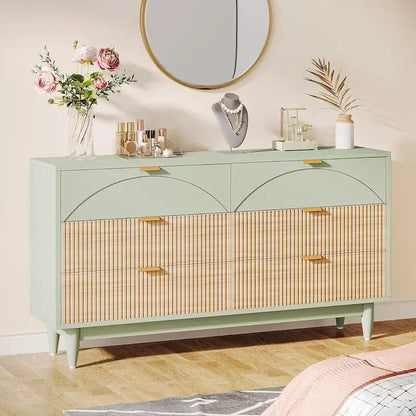 55 Inches Dresser for Bedroom, Green Long Double Dresser Organizer Wood Cabinet