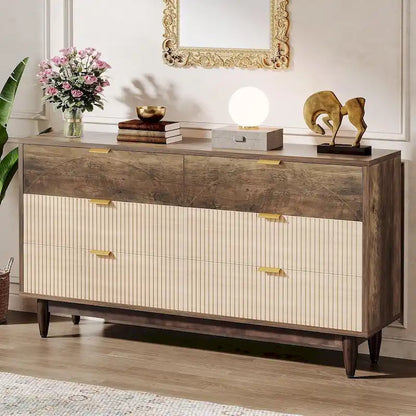 55 Inches Dresser for Bedroom, Green Long Double Dresser Organizer Wood Cabinet