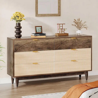 55 Inches Dresser for Bedroom, Green Long Double Dresser Organizer Wood Cabinet