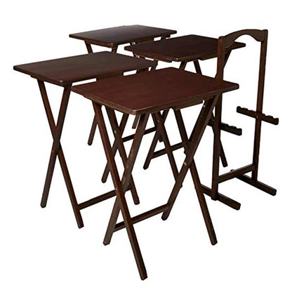 PJ Wood Folding TV Tray Tables with Compact Storage Rack, Espresso, 5 Piece Set - 36.38