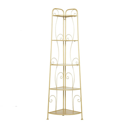Metal Scroll Indoor Outdoor Tall Folding 5 Shelves Bakers Rack - Gold or White - Roche River Decor