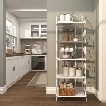 Metal Scroll Indoor Outdoor Tall Folding 5 Shelves Bakers Rack - Gold or White - Roche River Decor