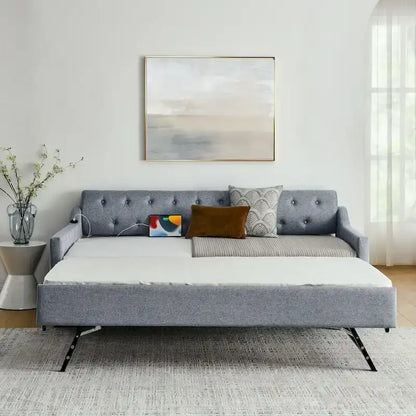 Twin Size Upholstery DayBed with Twin Size Erectable Trundle and USB Charging Design