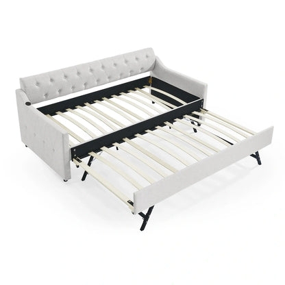 Twin Size Upholstery DayBed with Twin Size Erectable Trundle and USB Charging Design