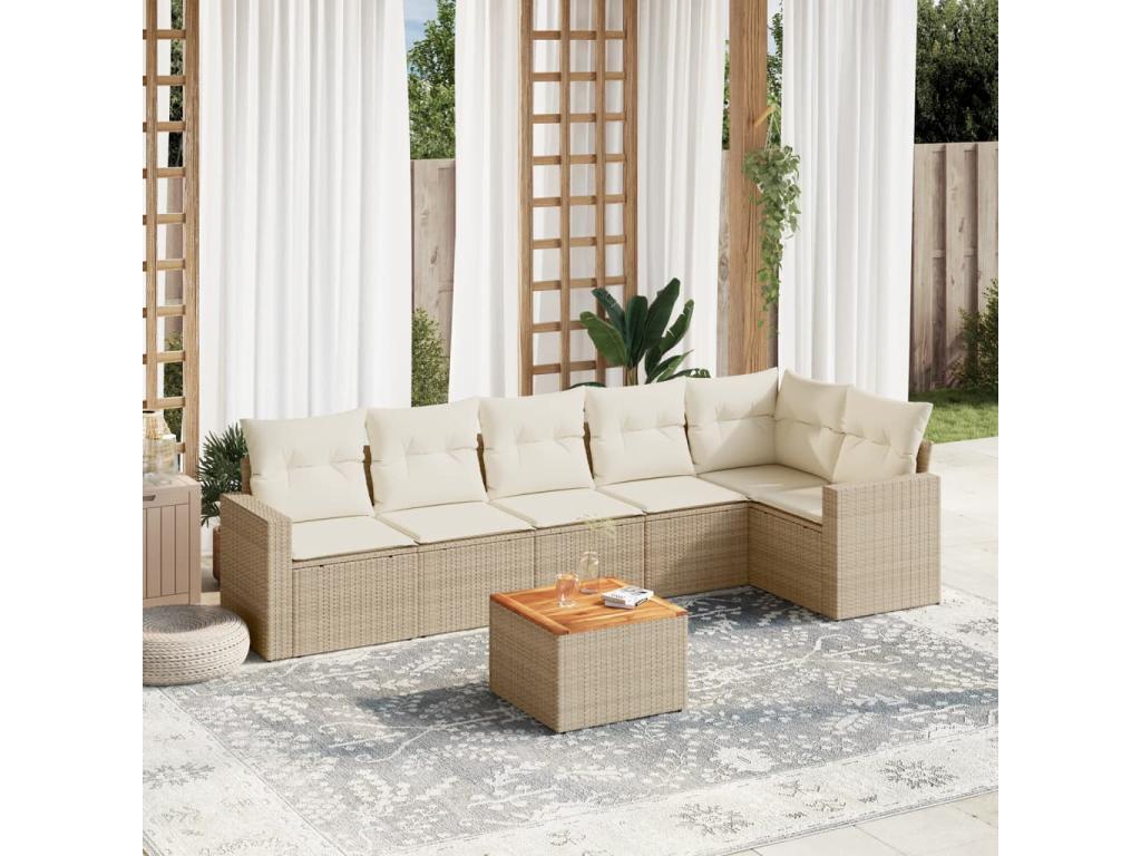 7-piece garden furniture set with cushions, beige woven resin