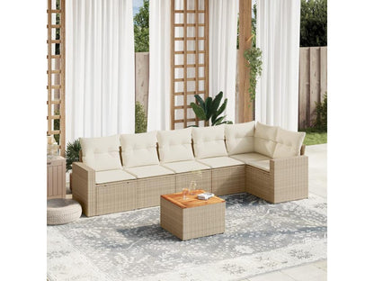 7-piece garden furniture set with cushions, beige woven resin