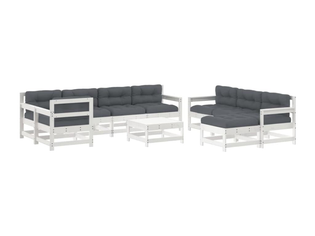 10-piece garden furniture set with cushions, white, solid wood