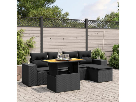 6-piece garden furniture set with cushions, black woven resin