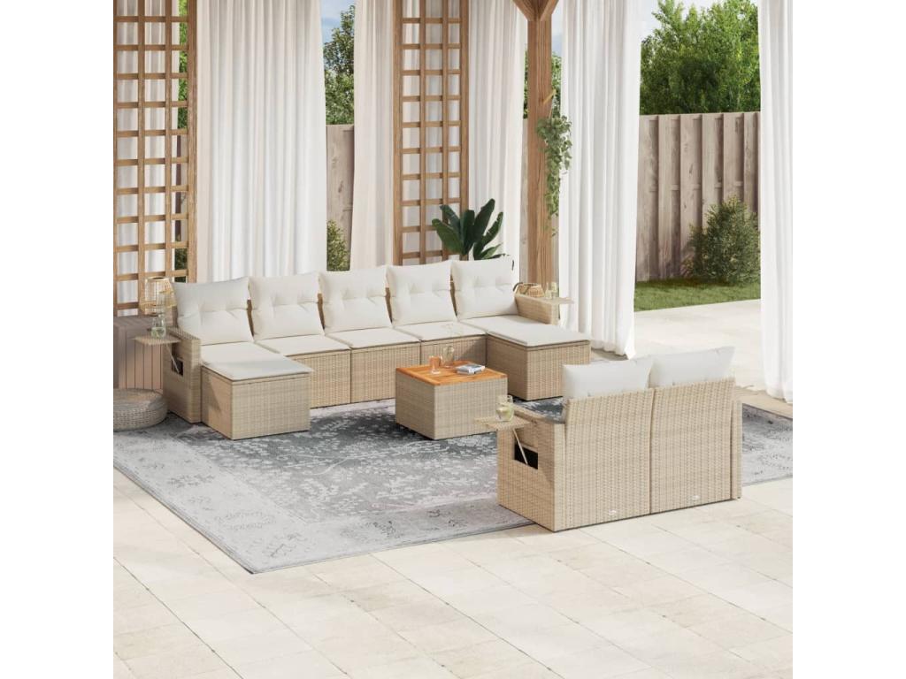 Garden furniture set with 10 beige resin wicker cushions