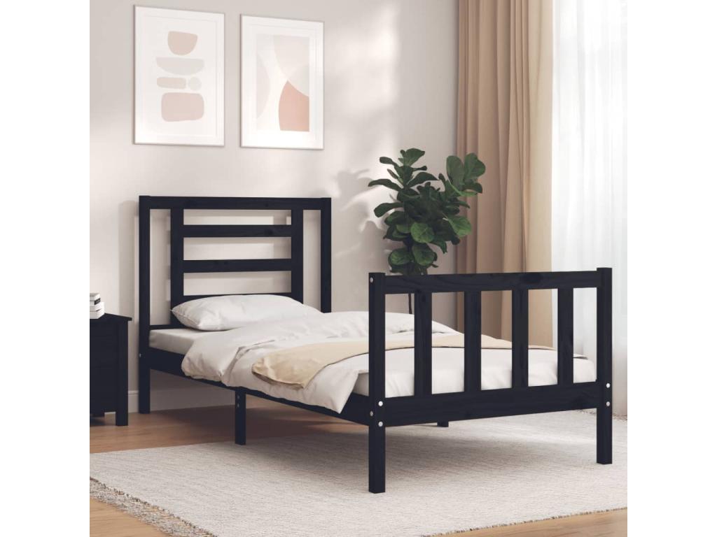 Small, simple, solid wood bed frame with black headboard