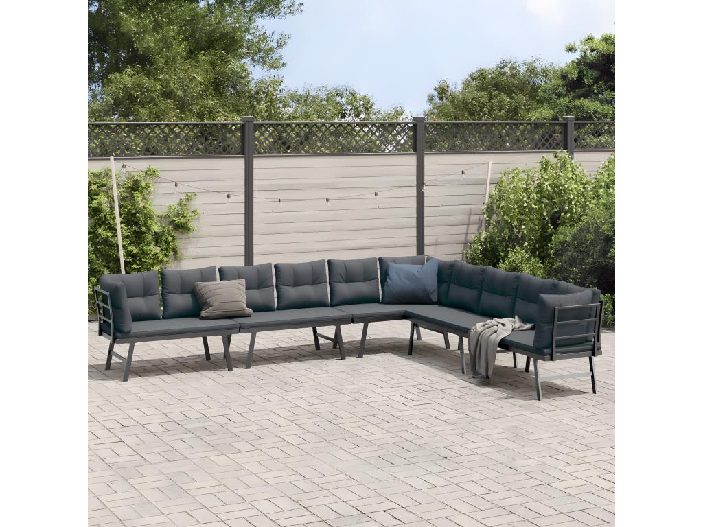 Garden benches with cushions, set of 4, powder-coated steel