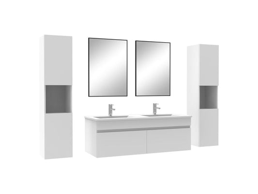 Bathroom vanity unit 120cm double sink with wall-mounted mirror column, white