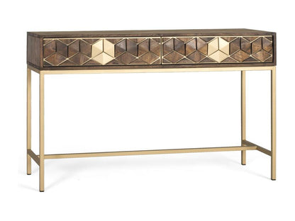 Mango wood, walnut and gold console table, unique elegance