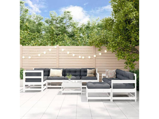 10-piece garden furniture set with cushions, white, solid wood