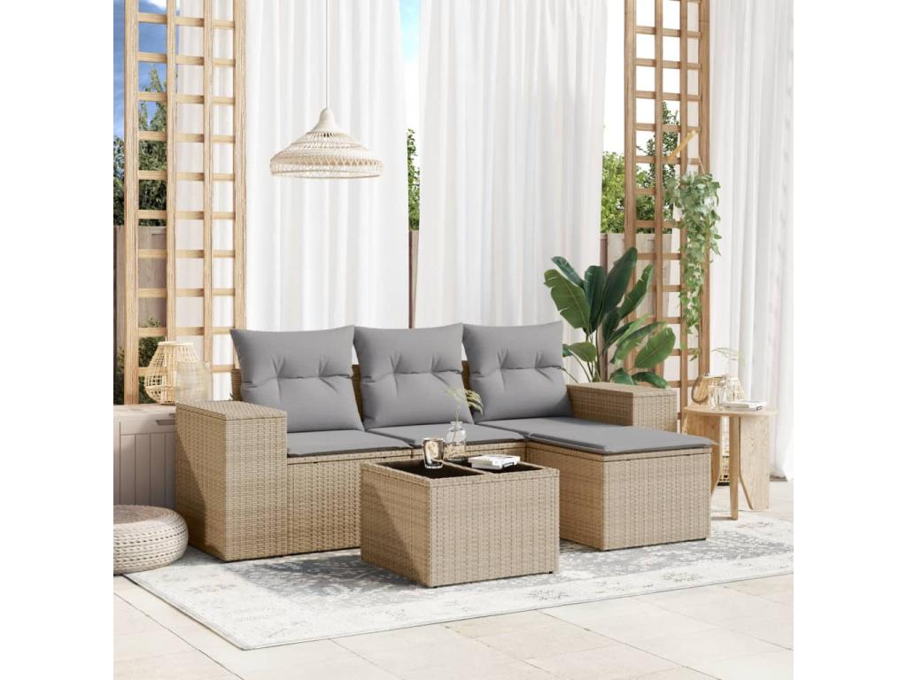 5-piece garden furniture set with cushions, beige woven resin
