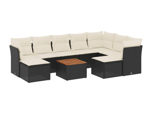 10-piece garden furniture set with cushions, black woven resin