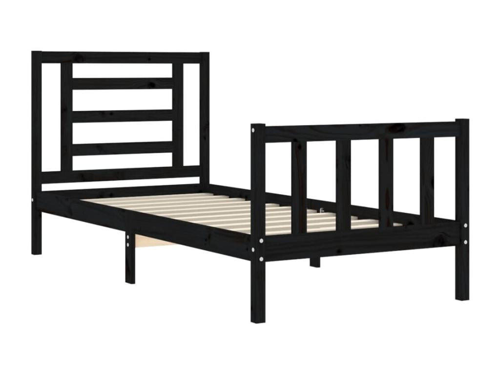 Small, simple, solid wood bed frame with black headboard
