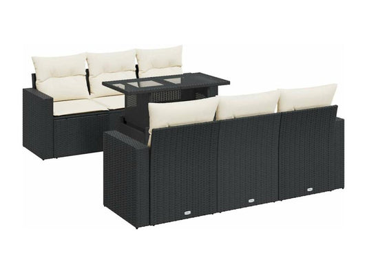 7-piece garden furniture set with cushions, black woven resin