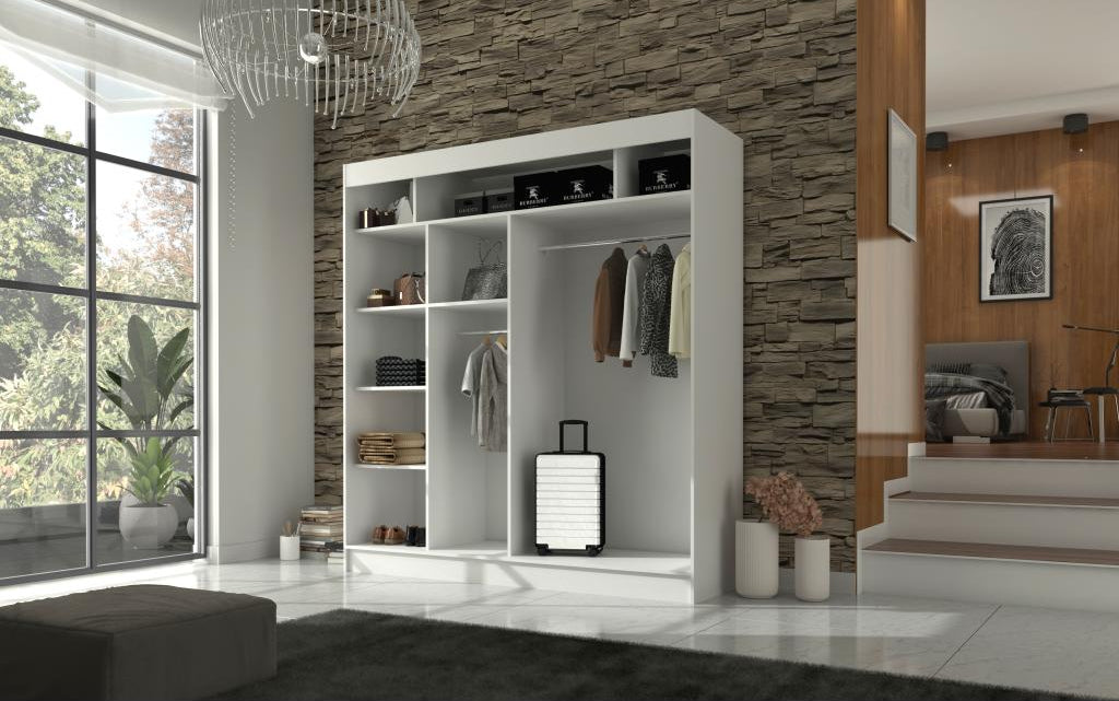 Doucezen bedroom wardrobe with sliding doors in light matte wood and white lacquer - 3 sizes - Width 200 cm