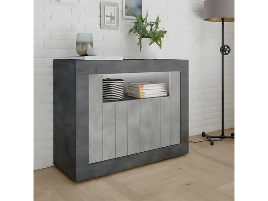 Modern 2-door entryway cabinet, dark/light polished concrete finish - Homzora - W 110 x D 42 x H 86 cm