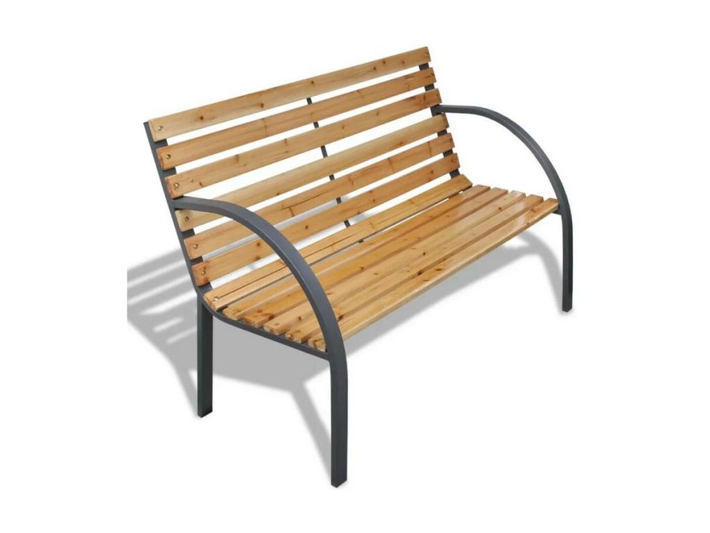 Homzora garden bench in light solid wood with black metal legs