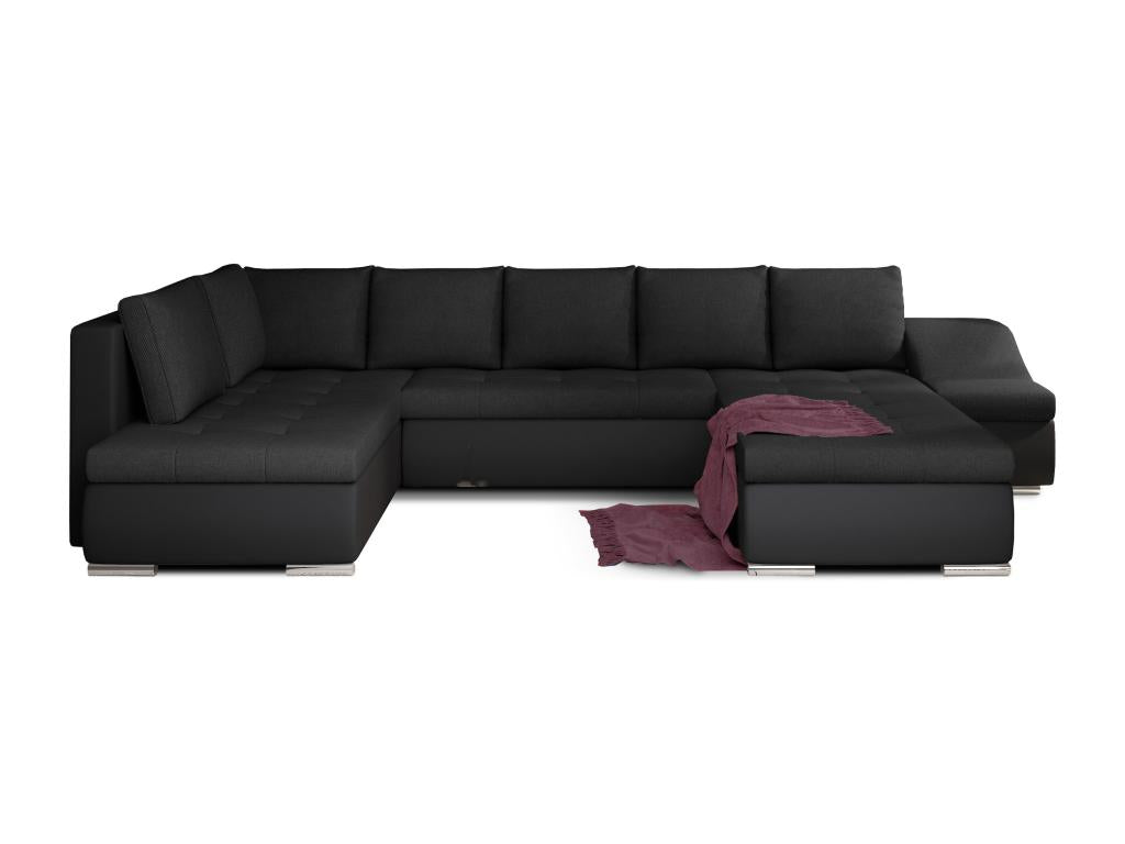 Doucezen 340cm panoramic convertible sofa in black fabric and black faux leather - Right-hand chaise longue