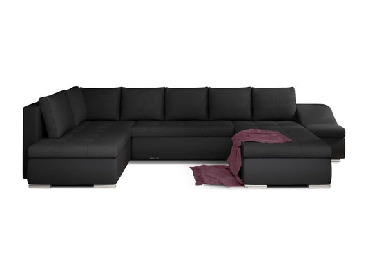 Doucezen 340cm panoramic convertible sofa in black fabric and black faux leather - Right-hand chaise longue
