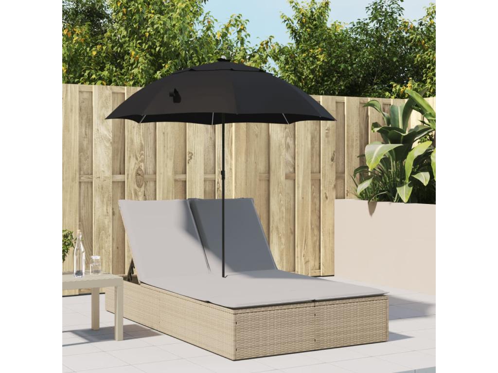 Double chaise longue with cushions and beige poly rattan parasol