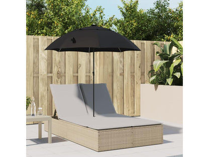Double chaise longue with cushions and beige poly rattan parasol