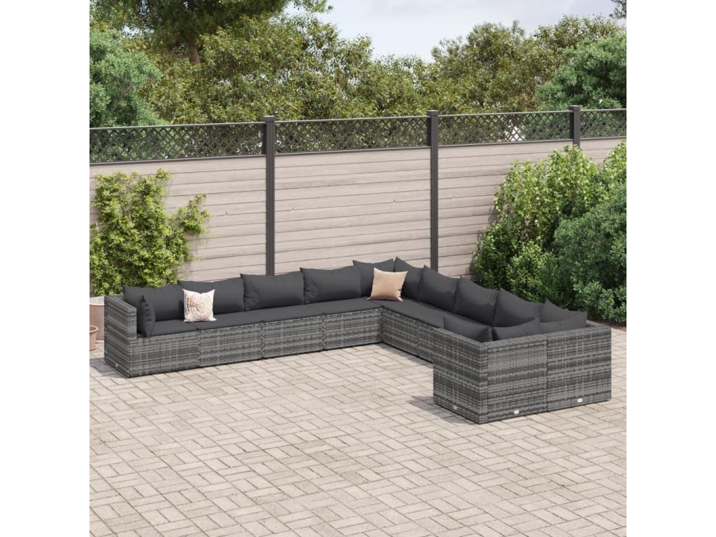 10-piece garden furniture set with cushions, grey woven resin