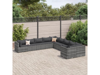 10-piece garden furniture set with cushions, grey woven resin